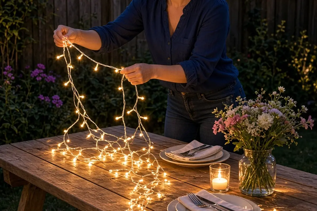 A woman in a backyard at dusk carefully arranging string lights on a wooden table set for a romantic dinner