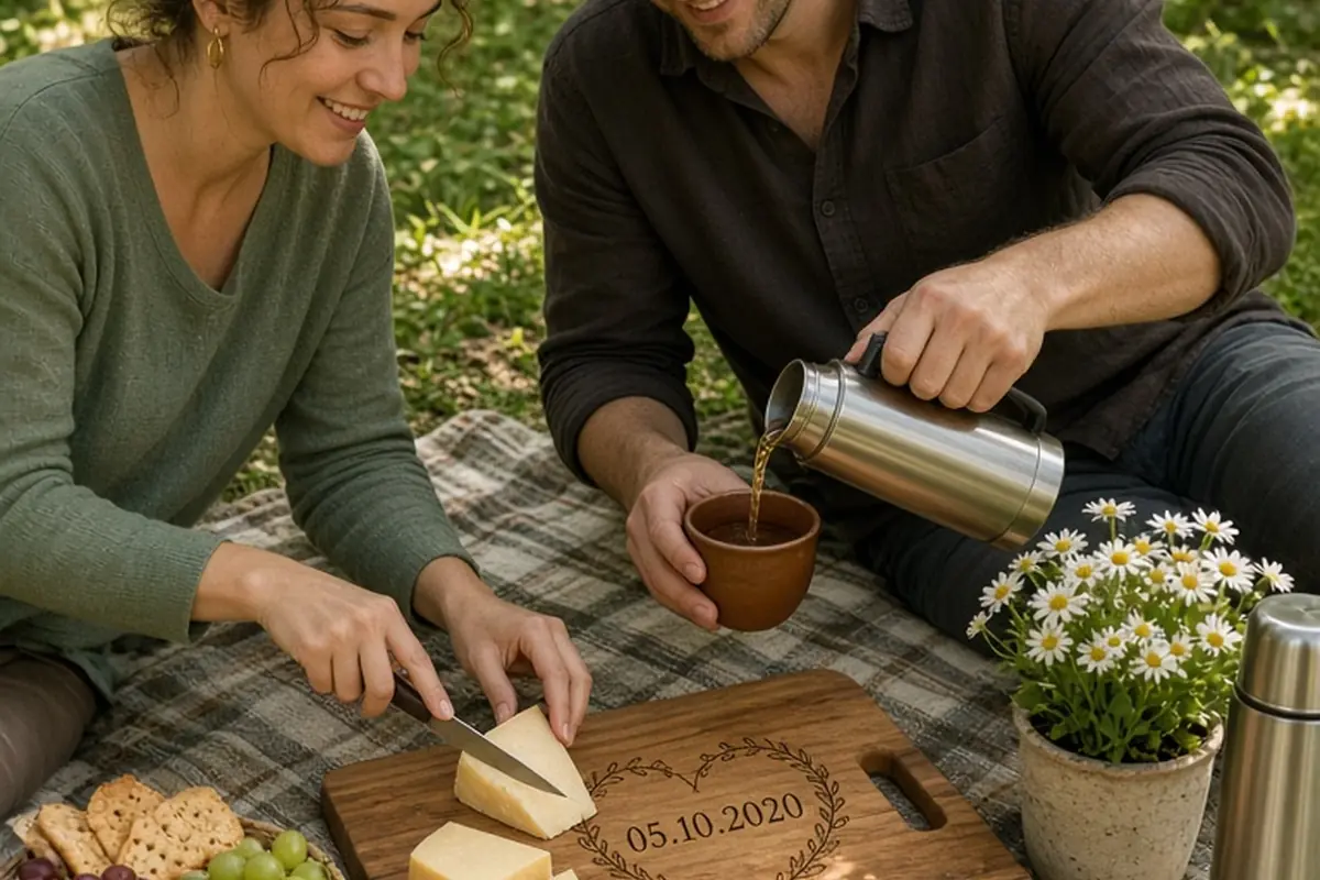 A couple sitting on a picnic blanket in a scenic forest enjoying a meal on a wooden cutting board