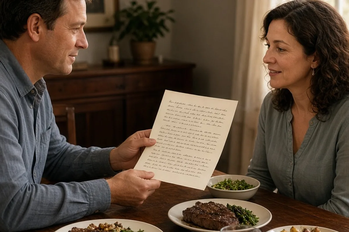 Man in his 40s handing a handwritten letter to his wife at dinner table