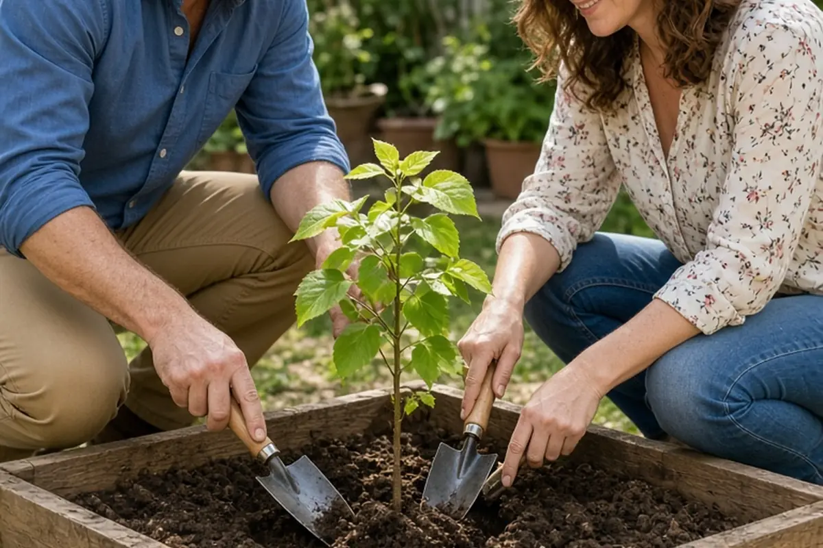 A middle-aged couple in a backyard garden kneeling and planting a small tree sapling in a wooden box under bright natural sunlight.