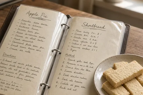 Open three-ring binder with handwritten family recipe cards in plastic sleeves on a wooden desk beside a plate of shortbread