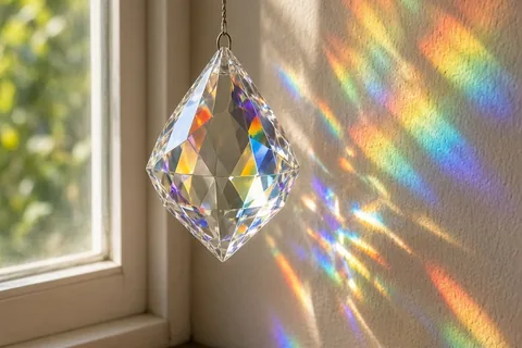 Close-up of a crystal suncatcher in a sunny window casting colorful rainbow light patterns on the wall and windowsill