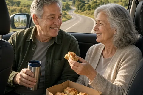 An older couple in a car at a scenic pull-off smiling and sharing coffee and pastries while looking at the landscape.