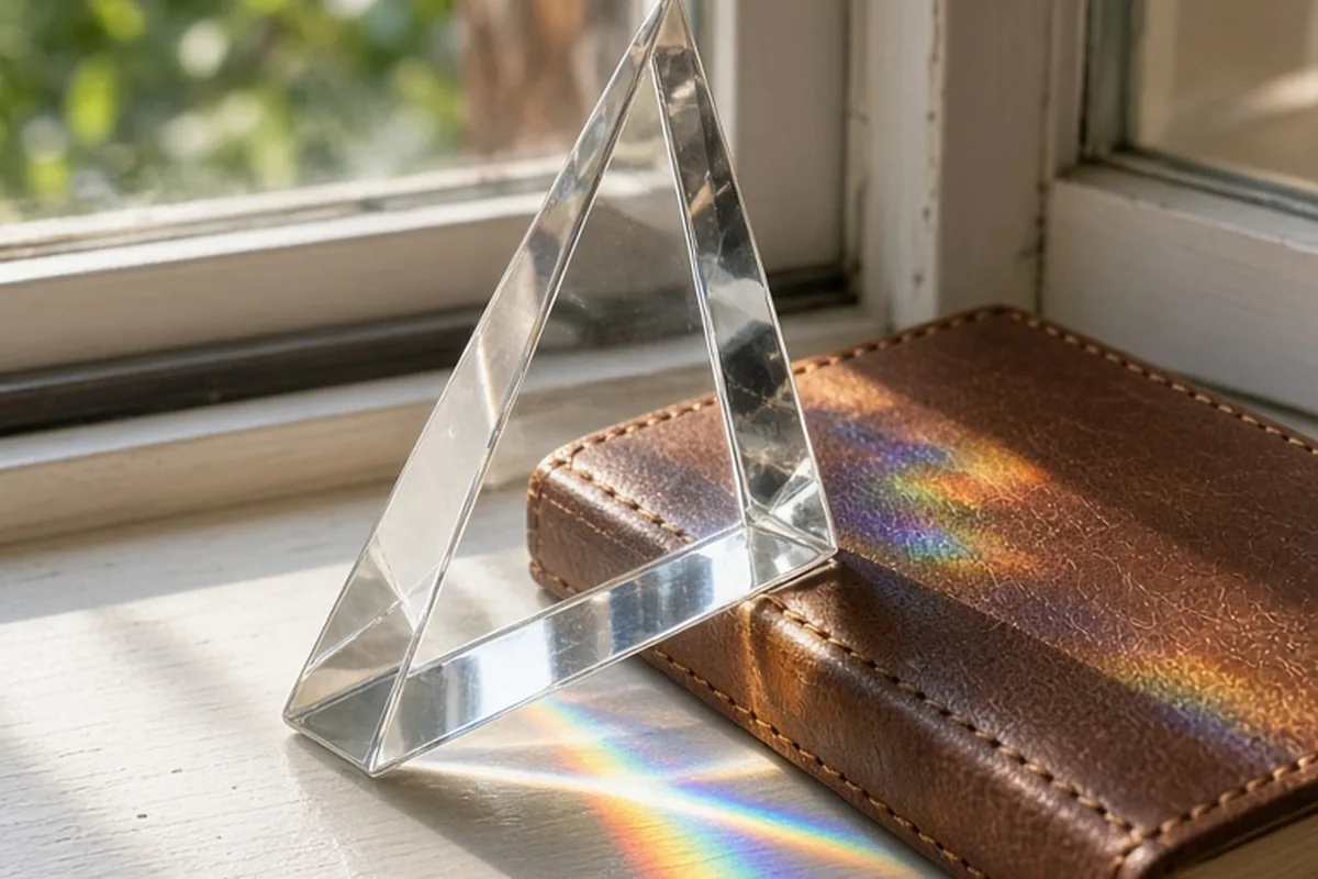 Polished crystal prism and leather-bound journal on a sunroom windowsill with sunlight refractions on the crystal