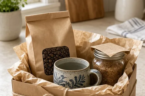 A neatly wrapped gift basket with coffee beans, ceramic mug, and spiced jar on a wooden kitchen counter.