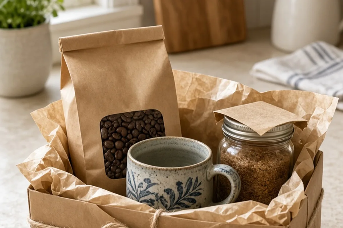 A neatly wrapped gift basket with coffee beans, ceramic mug, and spiced jar on a wooden kitchen counter.