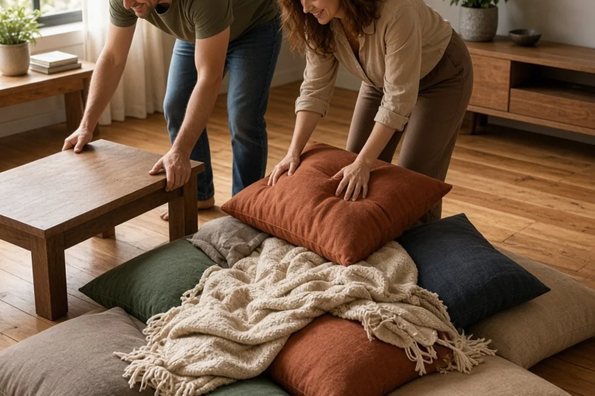 A couple in their mid-thirties building a cozy floor lounge in a living room with pillows and blankets on the hardwood floor