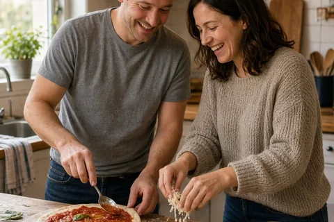 A man and woman in their mid-thirties preparing and assembling flatbread pizzas together at a kitchen counter, smiling and chatting.