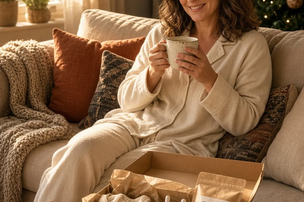 Woman in cream loungewear sitting relaxed with open Christmas Eve gift box containing cozy items and a cup of hot cocoa, sun setting through window