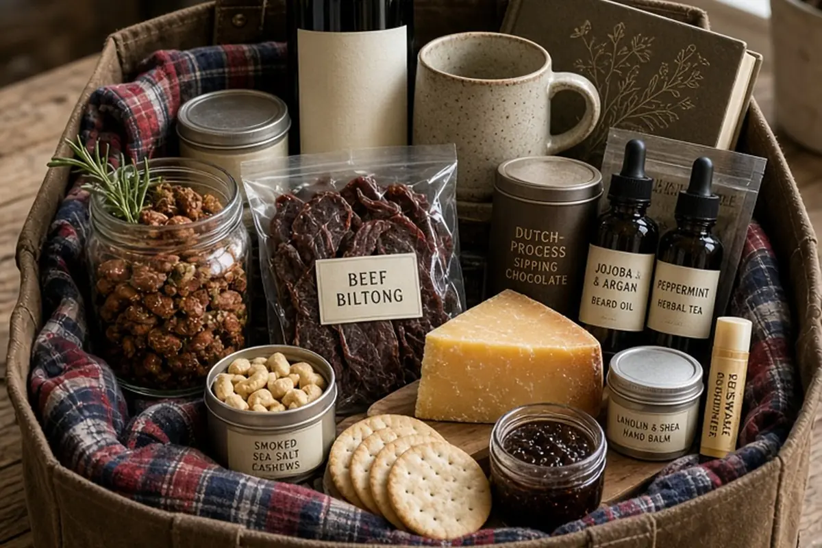 A Christmas Eve box in a waxed canvas tool tote with arranged contents including a flannel shirt, snacks, grooming items, and a book on a wooden table.
