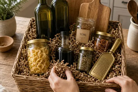 A pair of hands arranging premium holiday items including olive oil, pasta, spices, and wooden boards vertically into a decorative gift basket filled with kraft crinkle paper on a wooden table