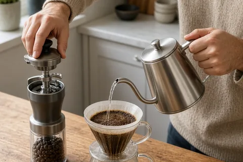 A clearly adult person with short brown hair in a beige sweater pouring water into a stainless steel pour-over kettle while a manual burr grinder rests on the wooden kitchen counter