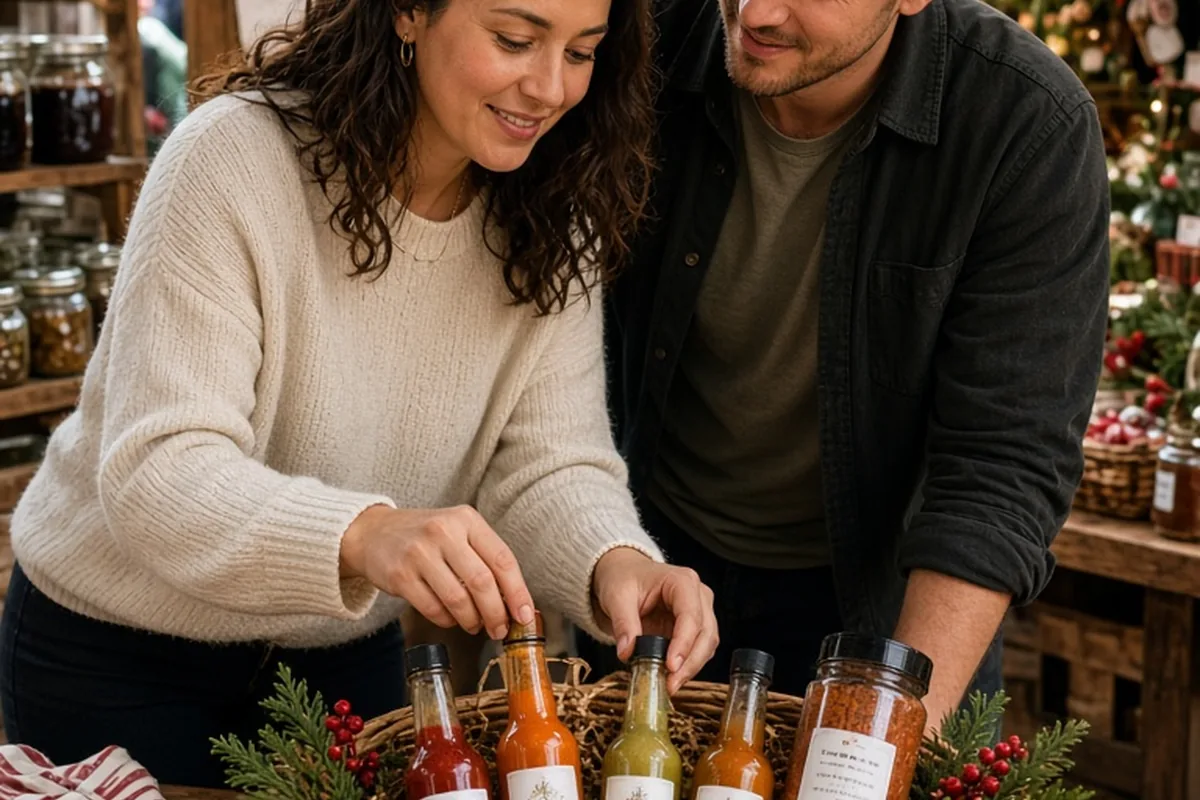 A woman packing a gift basket with regional hot sauces at a holiday market while her boyfriend watches with interest.