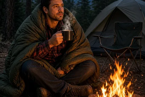 A clearly adult man with short dark hair and stubble, wearing a flannel shirt, jeans, and hiking boots, sitting wrapped in a soft wool blanket by a crackling campfire at dusk in a pine forest, holding