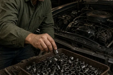 A mechanic in a garage examining a tray of loose sockets under dim work lights with an engine bay in the background