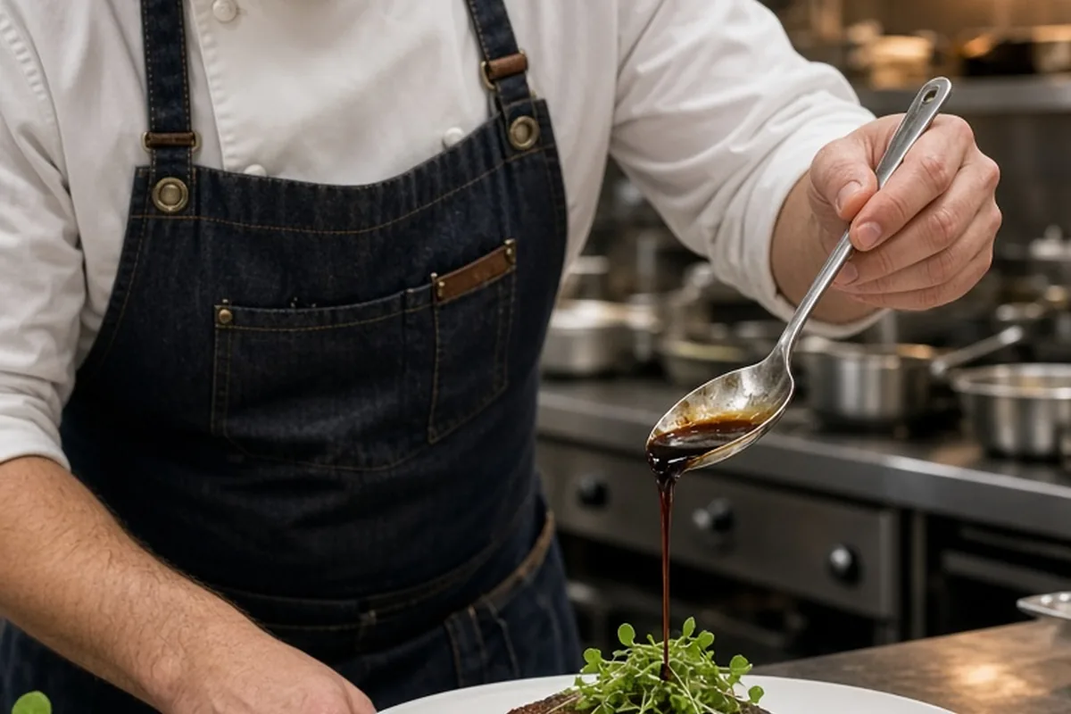 A male chef in a white jacket and apron uses a sauce spoon to drizzle sauce over a plated dish from an overhead view in a busy kitchen