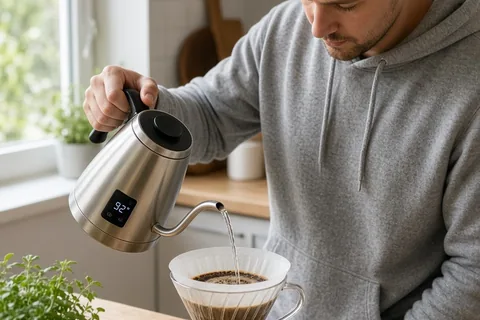 A clearly adult person tilts a gooseneck kettle to pour hot water into a glass pour-over dripper on a kitchen counter.