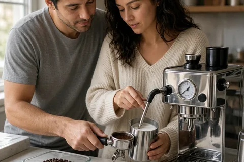 A couple in a kitchen preparing coffee together with a semi-automatic espresso machine, the machine centered in the frame with hands interacting.