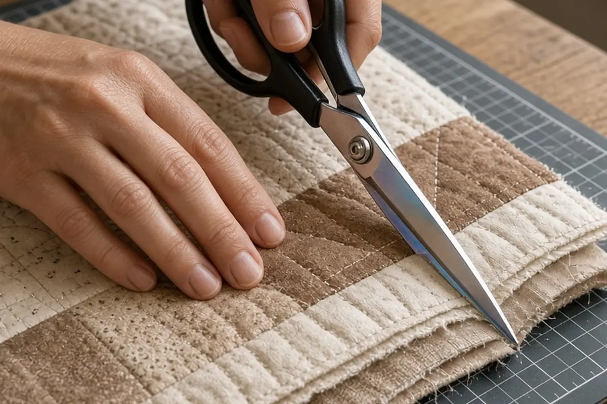 A pair of hands with natural skin texture and clean nails using Japanese stainless steel dressmaking scissors to cut fabric on a cutting mat in a bright workspace