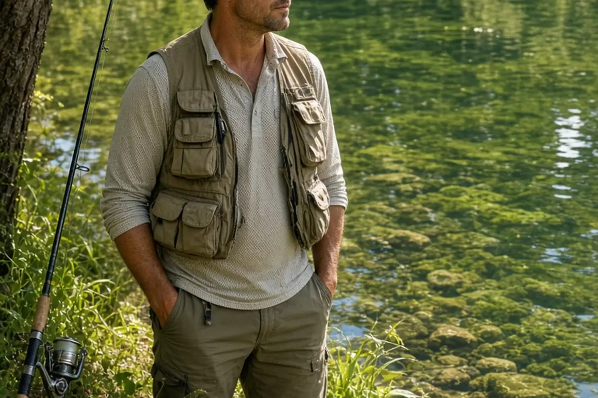 A male angler in his mid-thirties wearing polarized sunglasses with green-mirror lenses stands on the grassy bank of a freshwater lake, scanning the water surface