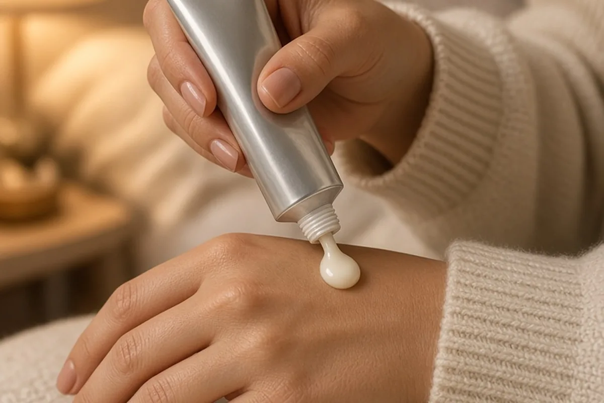 Close-up of a woman squeezing botanical hand cream from an aluminum tube onto her hand in a softly lit bedroom