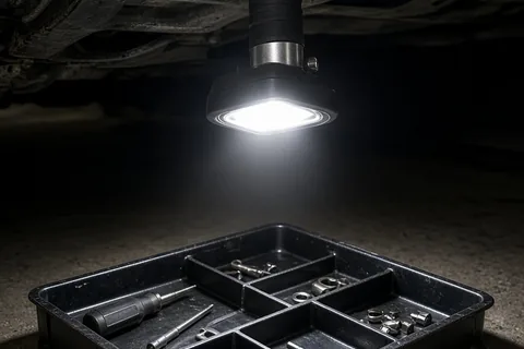 A magnetic inspection light clipped to a car undercarriage illuminating a hardware tray with tools in a garage