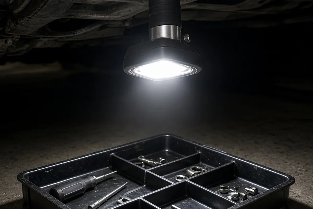 A magnetic inspection light clipped to a car undercarriage illuminating a hardware tray with tools in a garage