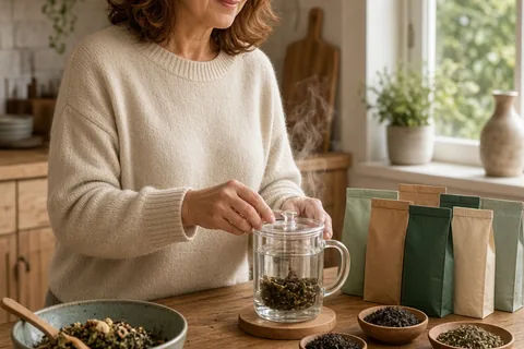 A woman in her mid-fifties arranging a glass tea infuser mug and loose leaf teas on a kitchen counter