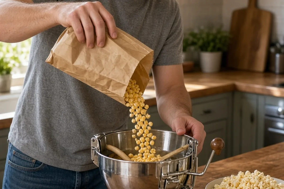 Man in a kitchen pouring popcorn kernels into a hand-crank popper