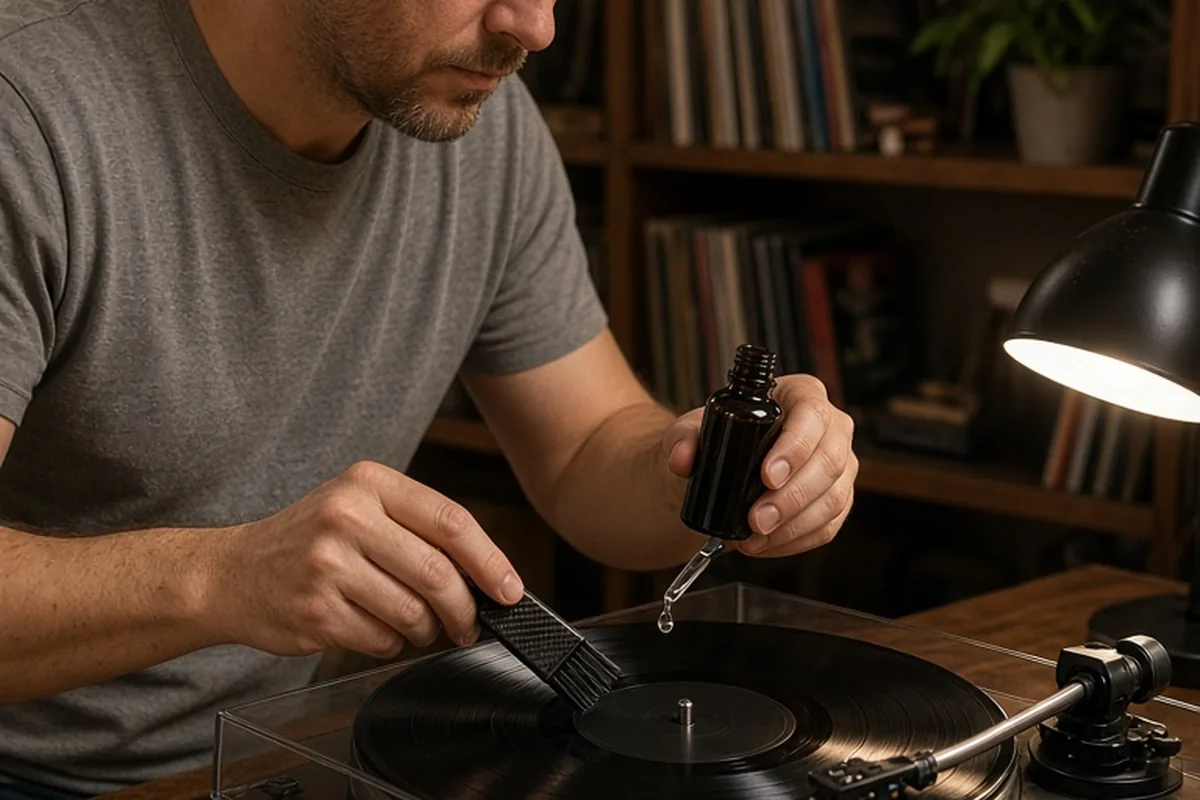 Adult man in his forties with short brown hair cleaning dust from a vinyl record using a carbon fiber anti-static brush and stylus cleaning fluid bottle on a wooden turntable in a home music room