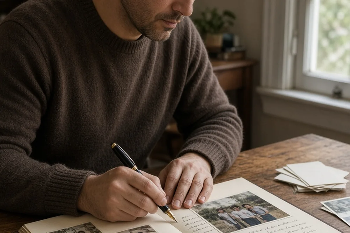A man at a table arranging photos in an album and writing reflections