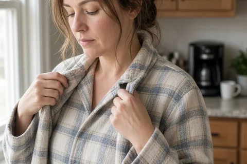 A mid-thirties woman with shoulder-length brown hair in a ponytail slipping her arms into a flannel pajama top in a kitchen setting.