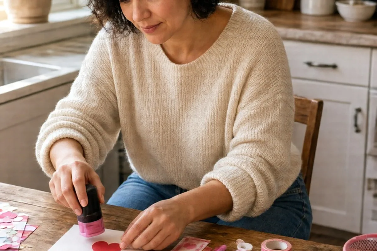 A clearly adult woman in her thirties with short dark hair assembling Valentine cards at a kitchen table using stamps and paper hearts
