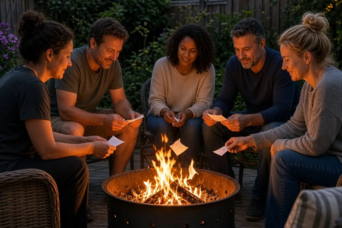 A group of adults gathered around a backyard fire pit at dusk, throwing paper slips into the flames as they burn to ash