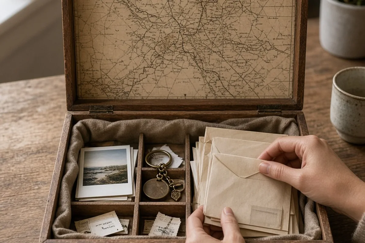 Hands placing ticket stubs and photographs into envelopes in an open wooden box on a wooden desk