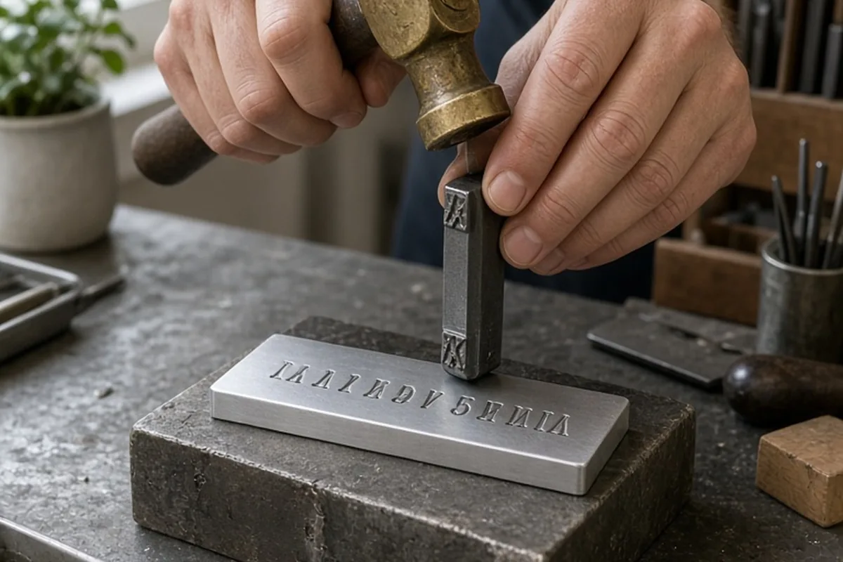 A pair of adult hands stamping a wedding date into aluminum using a brass hammer in a craft workspace