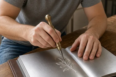A man in his mid-thirties with short brown hair and light stubble using a stamping tool on an aluminum page of a leather-bound cocktail recipe book at a kitchen table