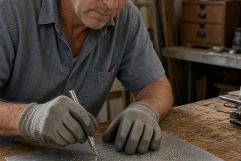 A man hand-stamping coordinates into aluminum on a wooden workbench in a home workshop, with a handwritten note beside the aluminum sheet