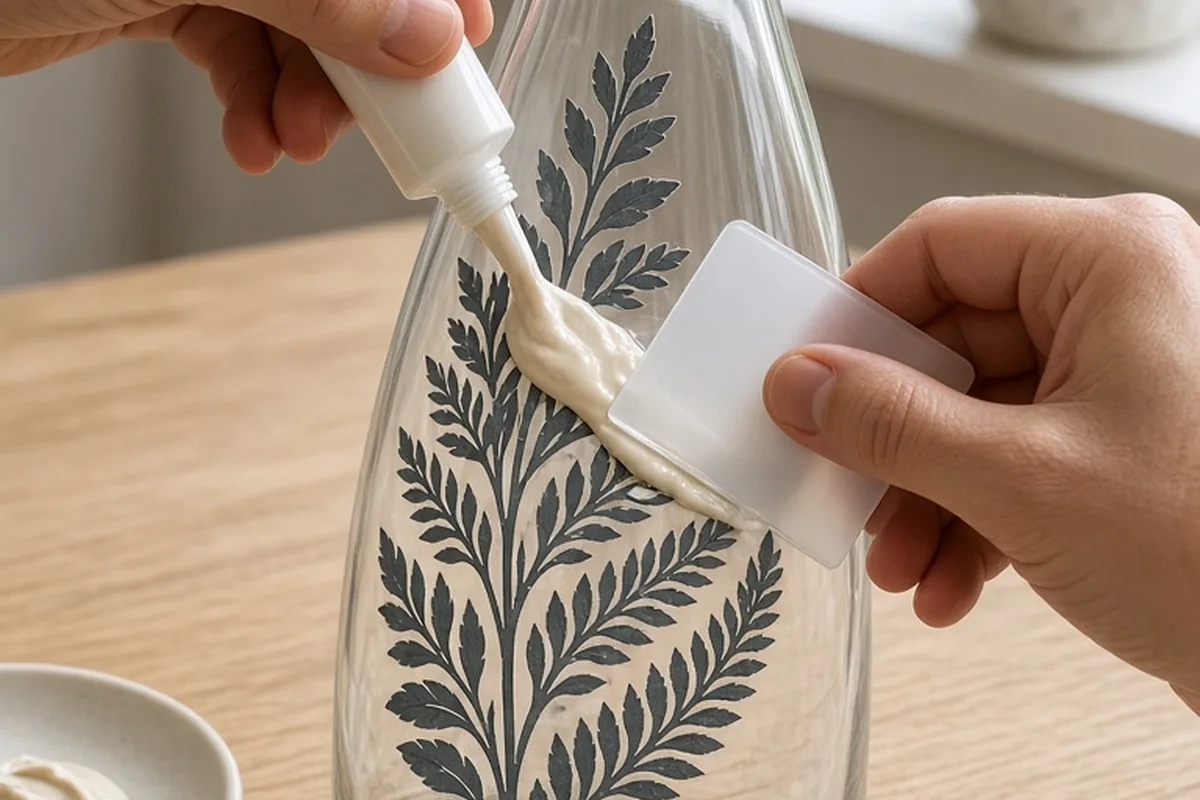 Close-up of a pair of hands applying etching cream to a glass carafe using a vinyl stencil on a wooden table.