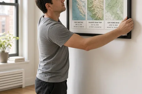 A man hanging a framed map with three location coordinates on a wall in a minimalist apartment, with a letter nearby