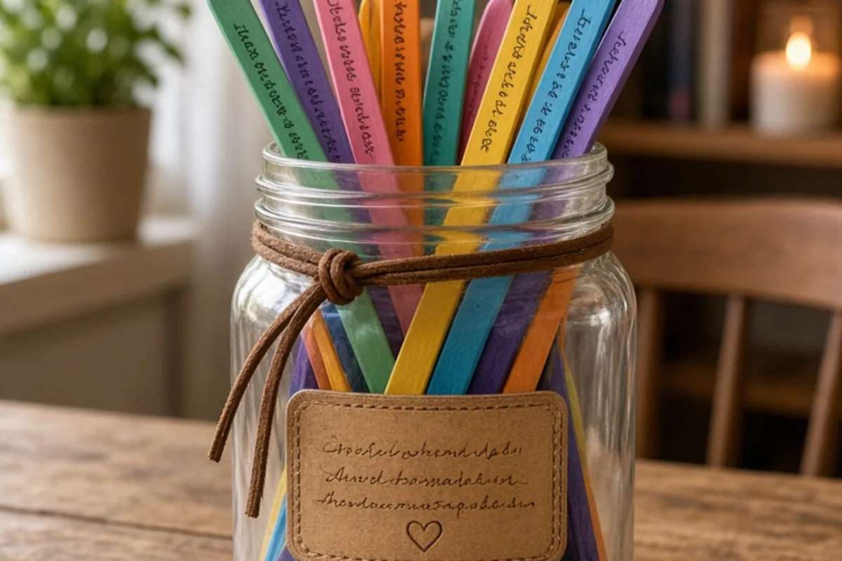 An open glass jar filled with colorful wooden craft sticks labeled with date night ideas on a wooden desk in a home interior.