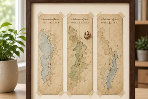 A triptych frame with three vintage-style maps of key life locations mounted side by side on a wooden desk in a home office.