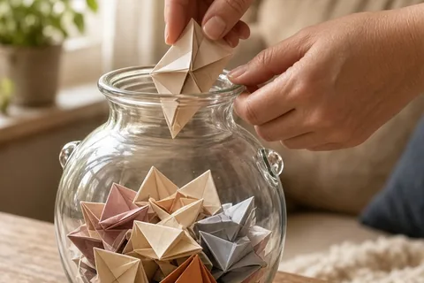 A glass jar filled with folded origami paper notes on a wooden table with a hand placing another note inside