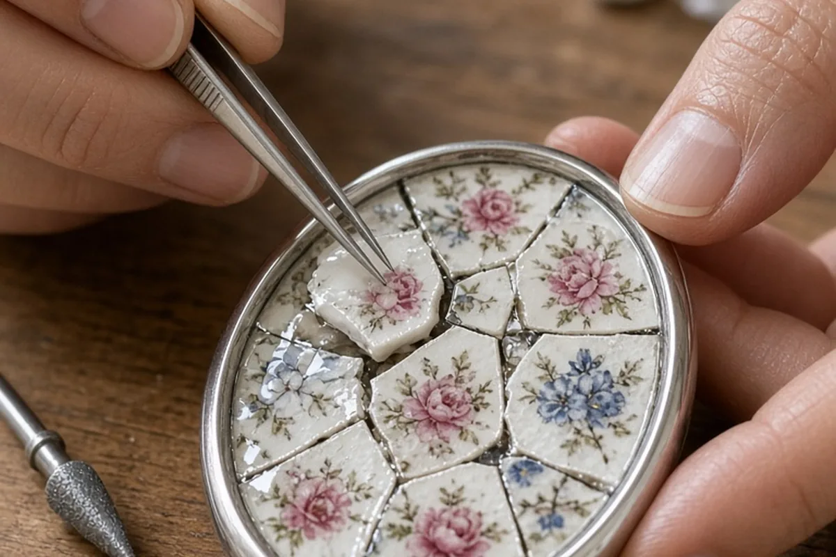Close-up of a woman's hands setting polished vintage porcelain fragments into a platinum-plated jewelry bezel