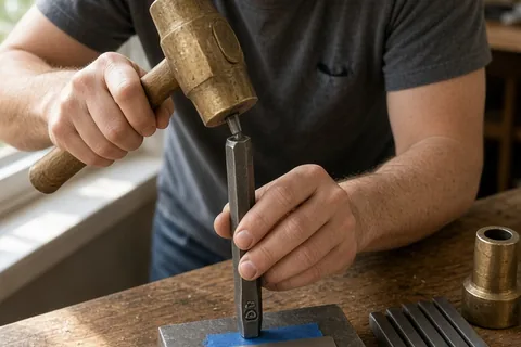 A man with short brown hair and light stubble hammering a steel punch into a nickel-silver metal keychain on a bench block at a wooden workbench in a home workshop