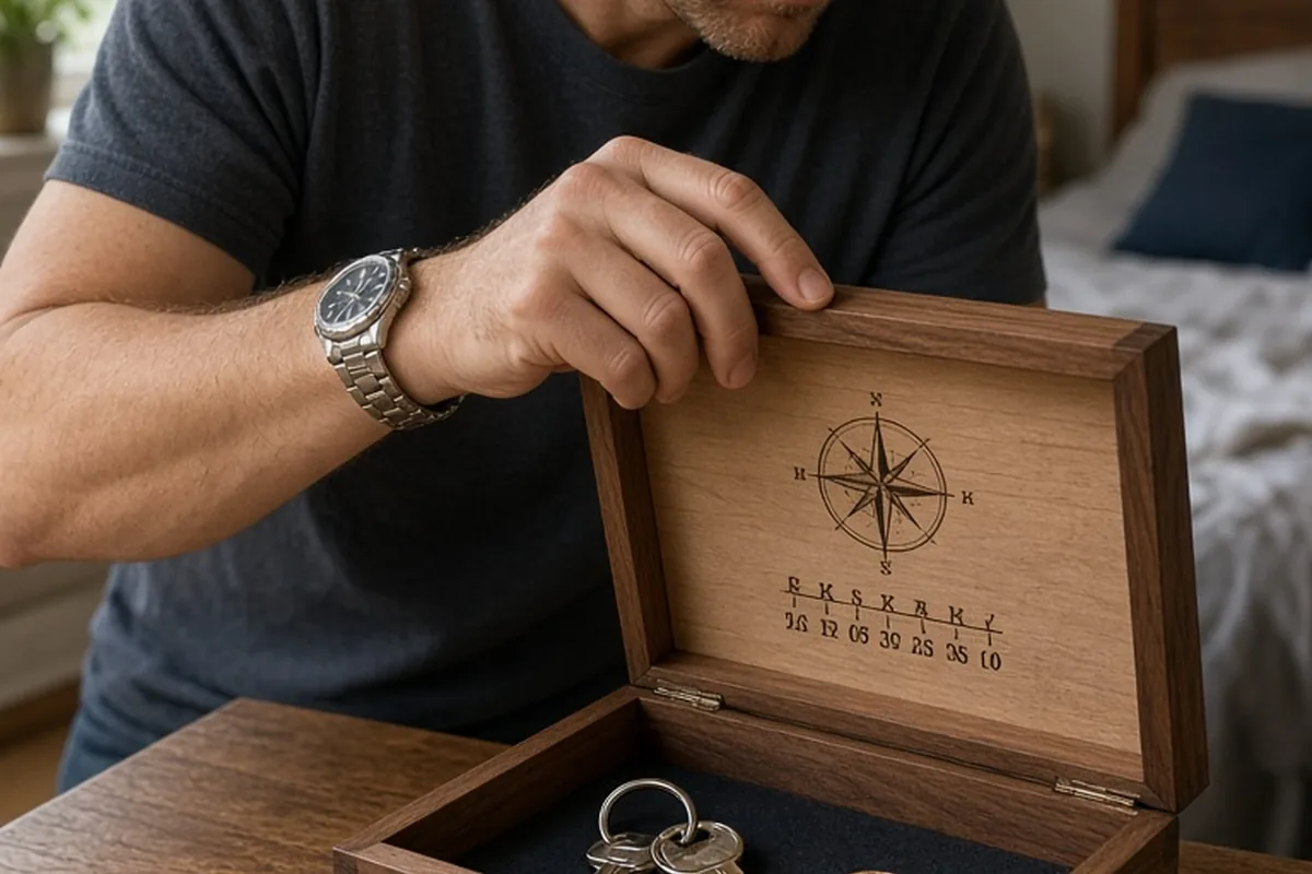 A man in his late thirties opening the lid of a walnut valet box on his bedroom dresser, revealing the wood-burned coordinates of their first home with his watch, keys, and wedding band inside.
