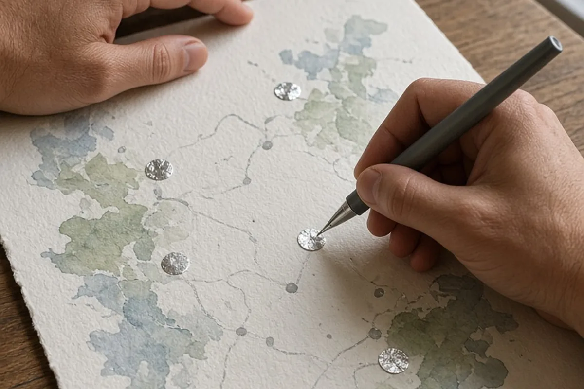 A man's hands applying silver foil to a milestone map on a drafting table with a glue pen