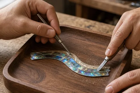 Hands inlaying iridescent mother-of-pearl into the lid of a wooden valet tray in a home workspace.