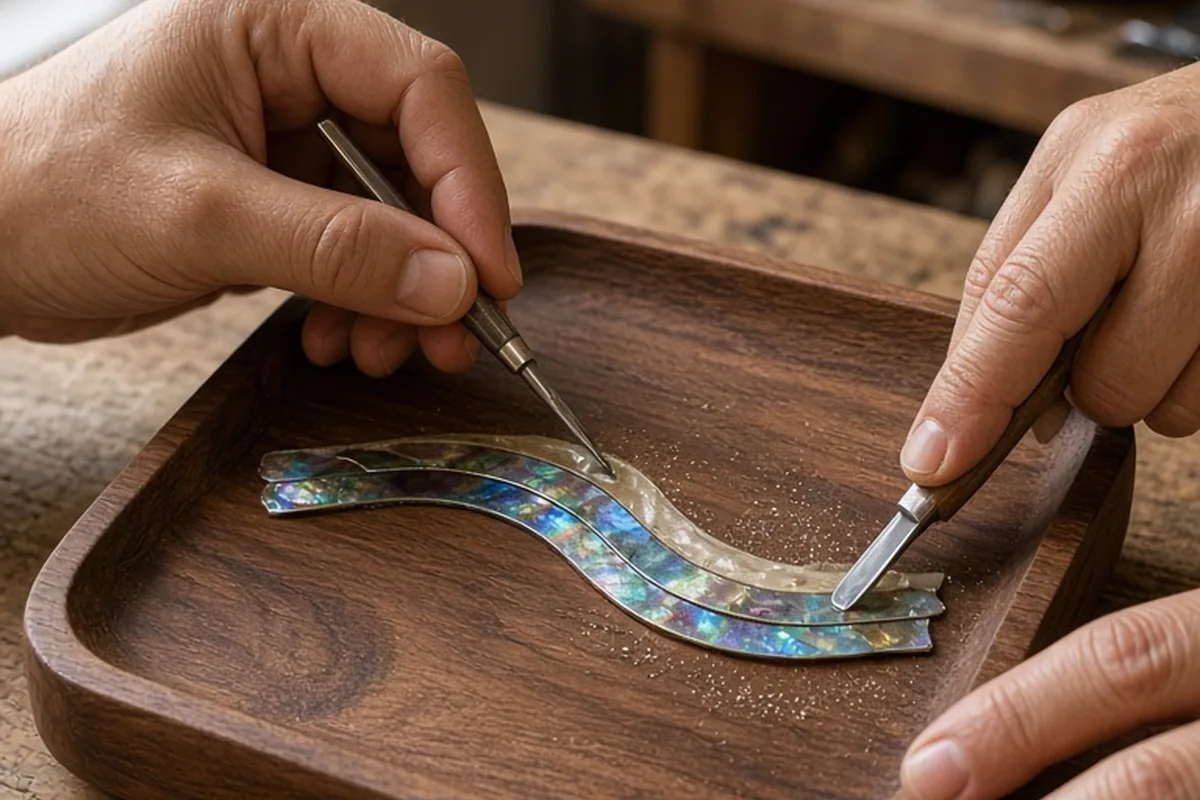 Hands inlaying iridescent mother-of-pearl into the lid of a wooden valet tray in a home workspace.