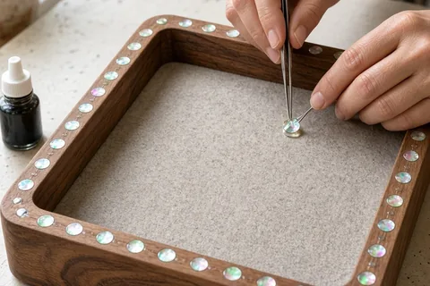 A pair of adult hands attaching iridescent mother-of-pearl dots to the edges of a walnut valet tray using clear epoxy on a wooden desk